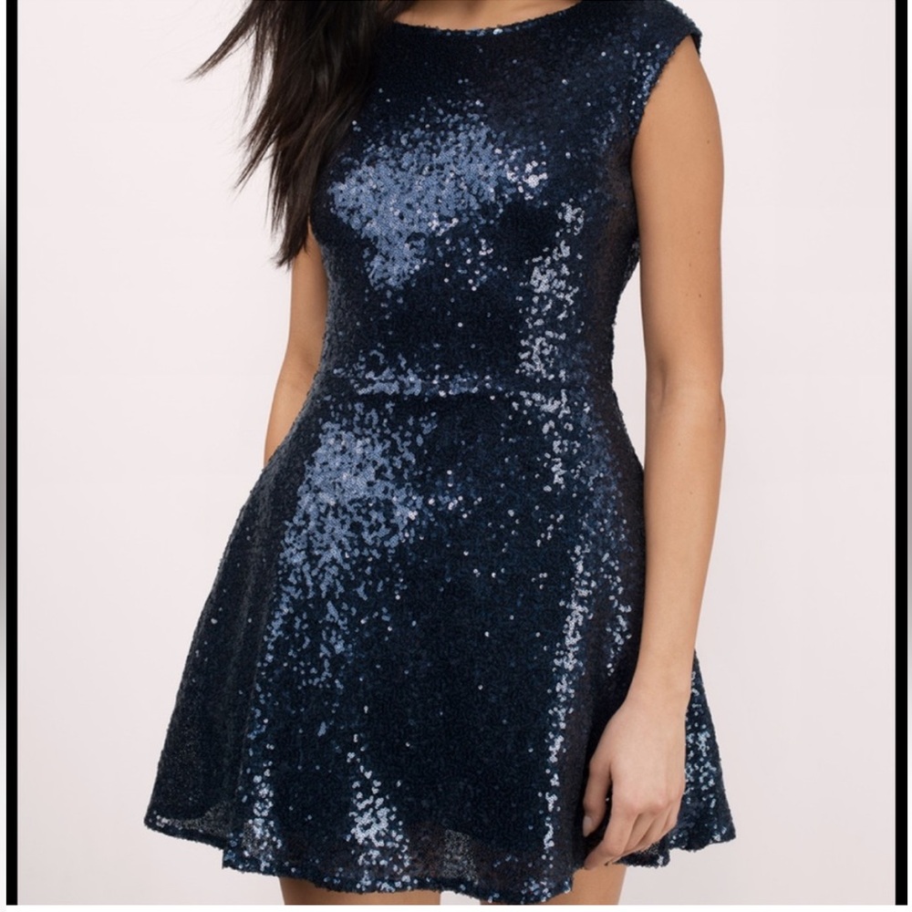 Tobi | Womens Navy “Vina” Sequin Cocktail Skater Dress - Size S Retro Prom Glam